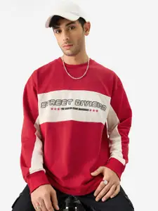 The Souled Store Red Typography Printed Drop-Shoulder Sleeves Oversized Cotton T-shirt