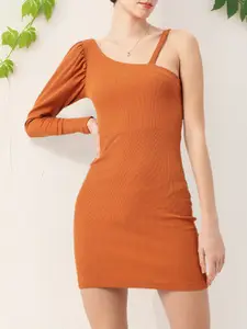 DressBerry Solid One Shoulder Ribbed Mini Bodycon Dress