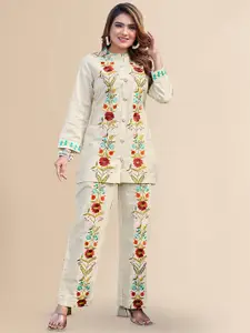 TITANIUM SILK INDUSTRIES PVT. LTD. Floral Embroidered Linen Top With Trouser