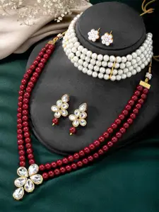 Peora Set Of 2 Gold-Plated Crystal-Studded & Beads Beaded Necklace With Earrings