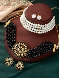 Peora Set Of 2 Gold-Plated Crystal-Studded & Beads Beaded Necklace With Earrings