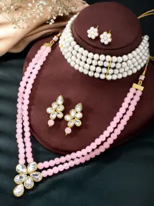 Peora Set Of 2 Gold-Plated Crystal-Studded & Beads Beaded Necklace With Earrings