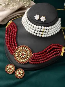 Peora Set Of 2 Gold-Plated Crystal-Studded & Beads Beaded Necklace With Earrings