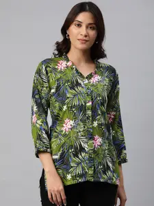 One Femme Floral Print Tropical Shirt Style Top