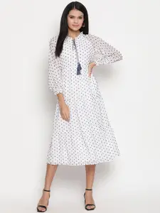 HOUSE OF KKARMA Self Design Tie-Up Neck Cuffed Sleeves Tiered Cotton Fit & Flare Dress