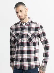 Snitch Grey Classic Slim Fit Tartan Checked Cotton Casual Shirt