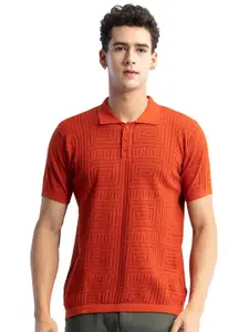 Snitch Orange Coloured Self Design Polo Collar Slim Fit Cotton T-shirt