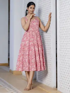 Nayo Floral Printed Shoulder Straps Cotton Fit & Flare Midi Dress