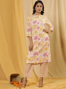 W Off White Floral Printed Keyhole Neck Pure Cotton Straight Kurta