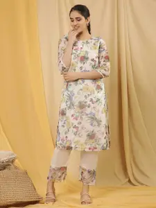 W Off White Floral Printed Thread Work Organza Straight Kurta