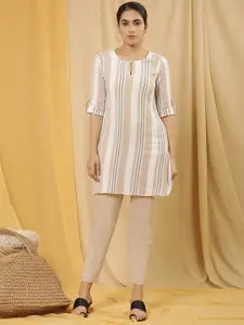 W Cream Coloured Keyhole Neck Roll Up Sleeves Straight Kurta