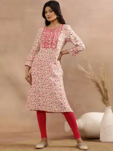 W White & Pink Floral Printed Thread Work Straight Kurta