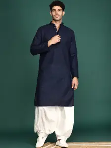 Anouk Blue Ethnic Motifs Embroidered Mandarin Collar Chikankari Cotton Straight Kurta