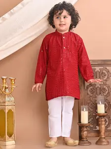 Superminis Boys Floral Embroidered Regular Sequinned Kurta with Pyjamas