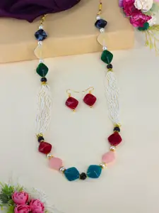 PRIVIU Gold-Plated Artificial Beads Beaded Necklace And Earrings