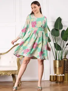 Ishin Floral Printed Flared Sleeves Sequinned Fit & Flare Dress
