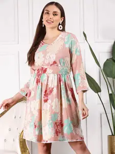 Ishin Floral Printed Flared Sleeves Sequinned Fit & Flare Dress