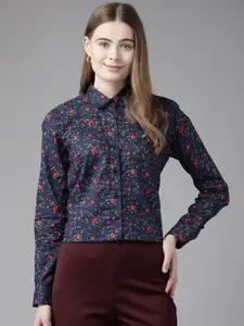 English Navy Women Floral Printed Formal Shirt
