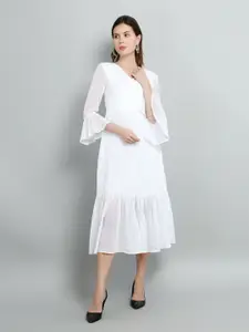 Kushi Flyer Self Design V-Neck Bell Sleeve Pure Georgette Wrap Dress