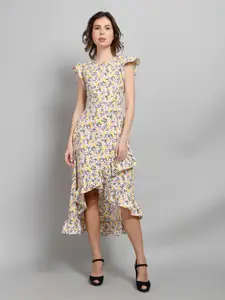Kushi Flyer Floral Print Flutter Sleeve Crepe A-Line Midi Dress