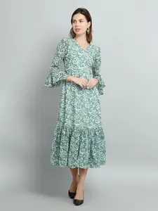 Kushi Flyer Floral Print Bell Sleeve Crepe Fit & Flare Midi Dress