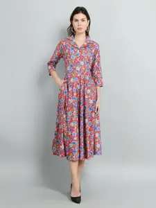 Kushi Flyer Floral Print Crepe Fit & Flare Midi Dress