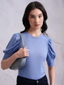 Tokyo Talkies Blue Round Neck Fitted Top