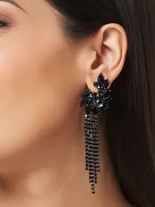Globus Black Rhodium-Plated Artificial Stones-Studded Floral Drop Earrings