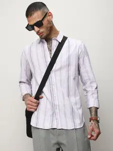 Campus Sutra White Vertical Striped Classic Cotton Casual Shirt