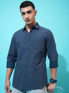 HIGHLANDER Teal Blue Slim Fit Vertical Stripes Spread Collar Cotton Casual Shirt