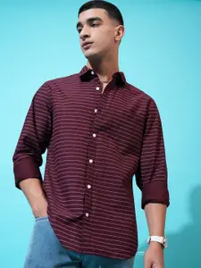 HIGHLANDER Maroon Slim Fit Horizontal Stripes Spread Collar Cotton Casual Shirt