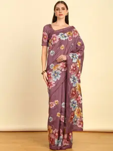 Soch Purple Floral Printed Zari Tussar Saree