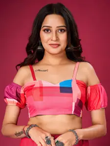 flaher Printed Cold Shoulder Sleeves Silk Saree Blouse