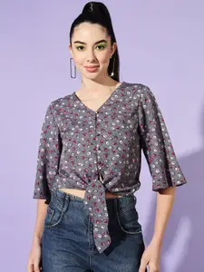 Slenor V-Neck Floral Printed Flared Sleeve Crepe Cinched Waist Crop Top