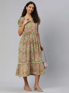 Swishchick Floral Printed Puff Sleeves Cotton Maternity A-Line Midi Dress