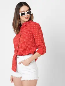 VASTRADO Classic Polka Dot Printed Roll-Up Sleeves Cotton Casual Shirt