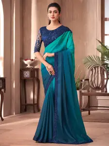 Saree mall Teal Blue Ombre Printed Sequinned Embroidered Poly Chiffon Saree