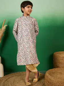 Sangria Boys Sequenced & Floral Printed Cotton Mandarin Collar Kurta