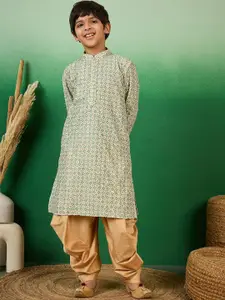 Sangria Boys Sequenced & Floral Printed Mandarin Collar Kurta