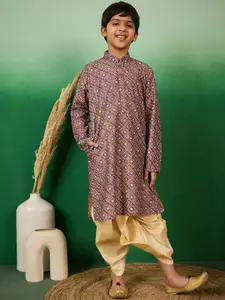 Sangria Boys Sequenced & Floral Printed Cotton Mandarin Collar Kurta