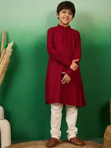 Sangria Boys Embroidered Cotton Mandarin Collar Chikankari Kurta
