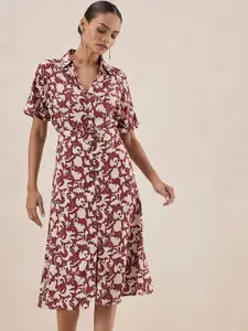 Femella Floral Printed Front Slit Shirt Midi Dress