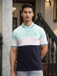 ADRO Colourblocked Polo Collar Short Sleeves Pure Cotton Regular T-shirt