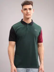 ADRO Colourblocked Polo Collar Short Sleeves Pure Cotton Regular T-shirt