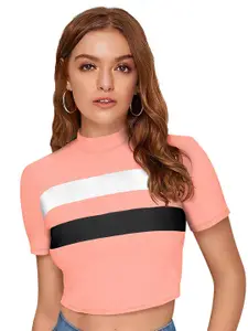 ODETTE Striped High Neck Fitted Crop Top