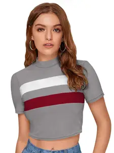 ODETTE Colourblocked High Neck Long Sleeves Crepe Crop Top