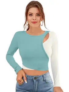 ODETTE Colourblocked Long Sleeves Cut Out Crepe Fitted Crop Top