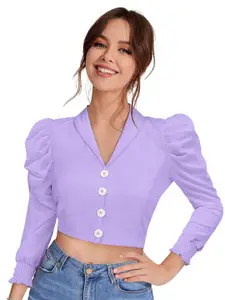 ODETTE Shawl Collar Long Puff Sleeve Crepe Shirt Style Crop Top