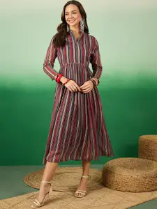 Sangria Striped Mandarin Collar Fit & Flare Chiffon Midi Ethnic Dress