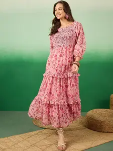 Sangria Floral Printed Ruffled Smocked Fit & Flare Chiffon Midi Ethnic Dress